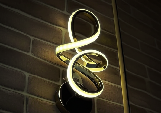 Neon light fixture shaped like a musical note on a brick wall.