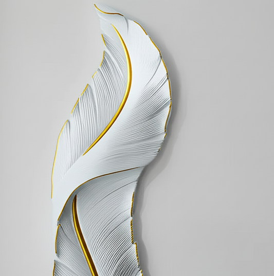Decorative wall art with wavy design and gold accents on a gray background